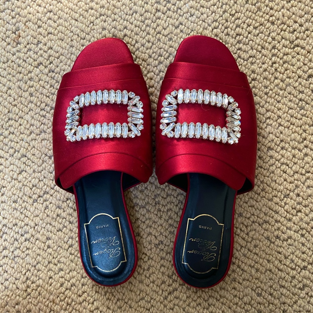 Roger Vivier Red Silk Slides with Crystal Embellished Signature Buckle